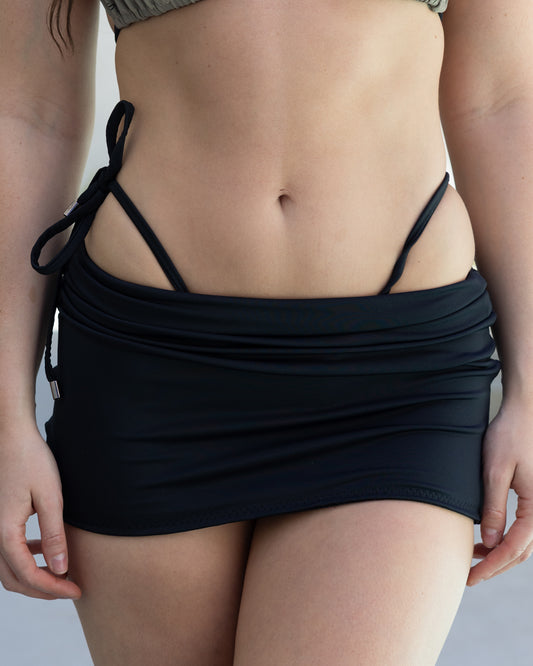 Handmade Double Lined Swim Skirt in Black Sport with White Ties